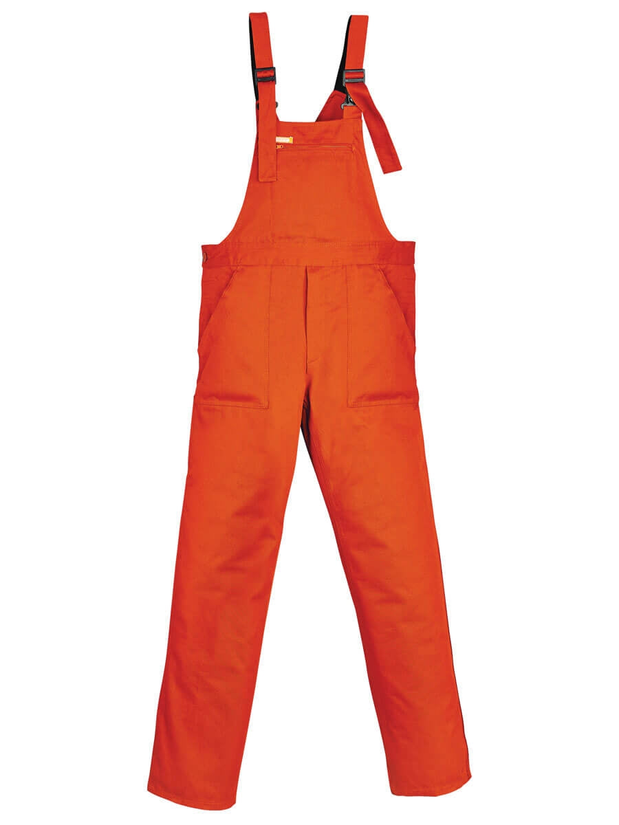 Orangefarbene Latzhose aus Baumwolle mit Trägern und vorderseitigem Latz