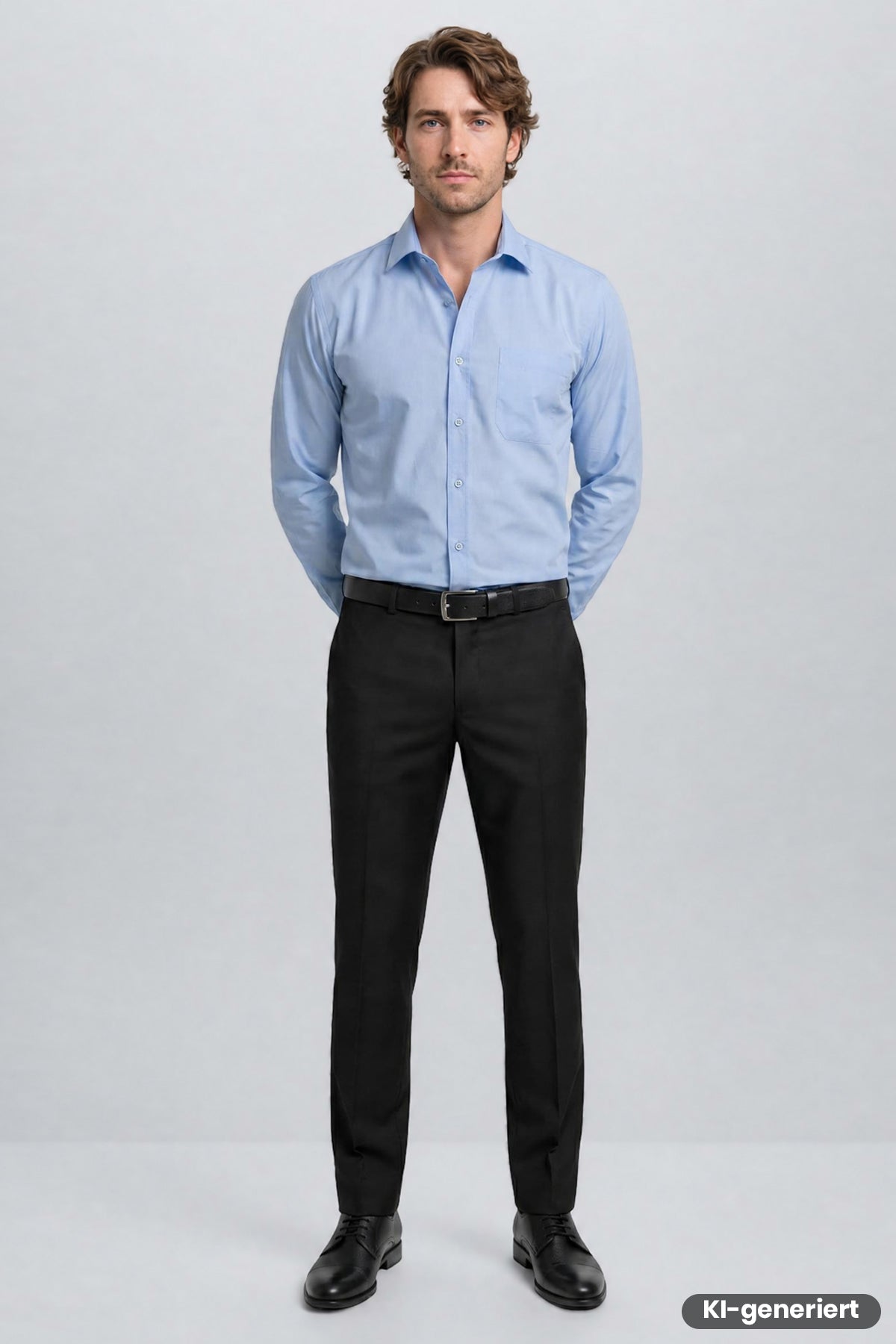 Herren-Bundfaltenhose, dunkel schwarz, mit Bügelfalten, Knopfverschluss und Gürtelschlaufen.