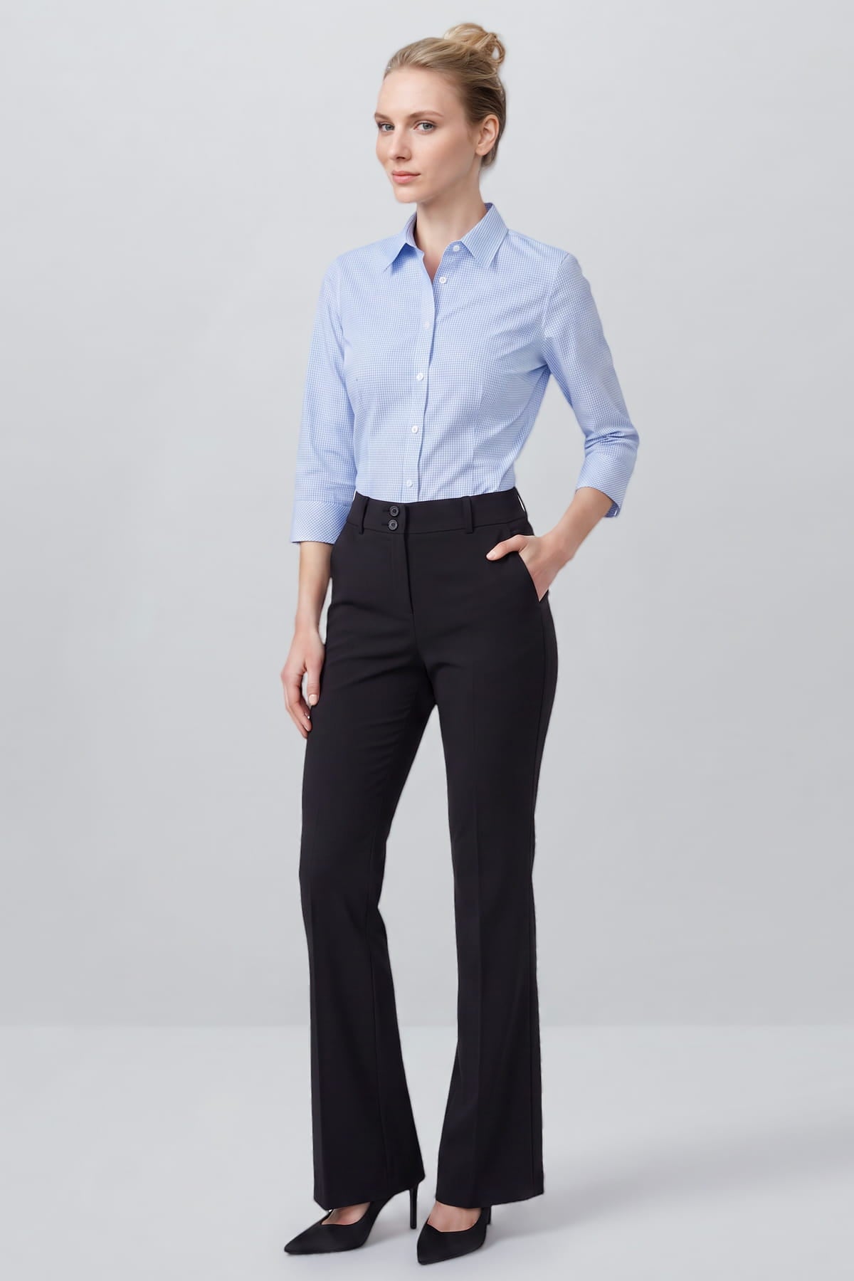 Schwarze Damen-Stretchhose mit Taillenbund, Knopf- und Reißverschluss