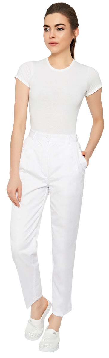 Weiße Damen-Bundhose mit elastischem Bund und seitlichen Eingrifftaschen