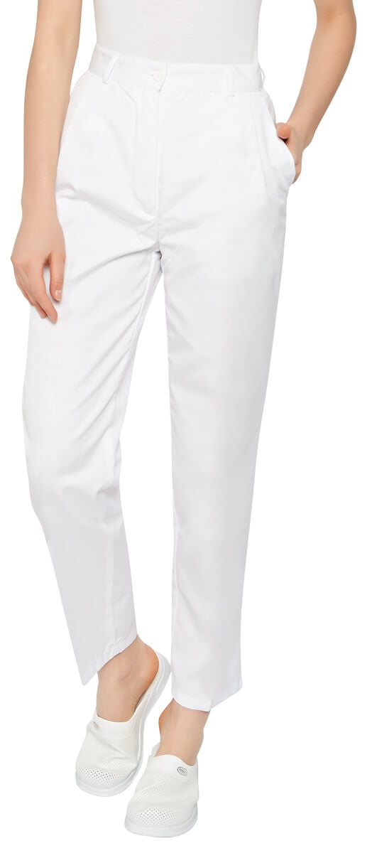 Weiße Damen-Bundhose mit geradem Bein, elastischem Bund und seitlichen Taschen