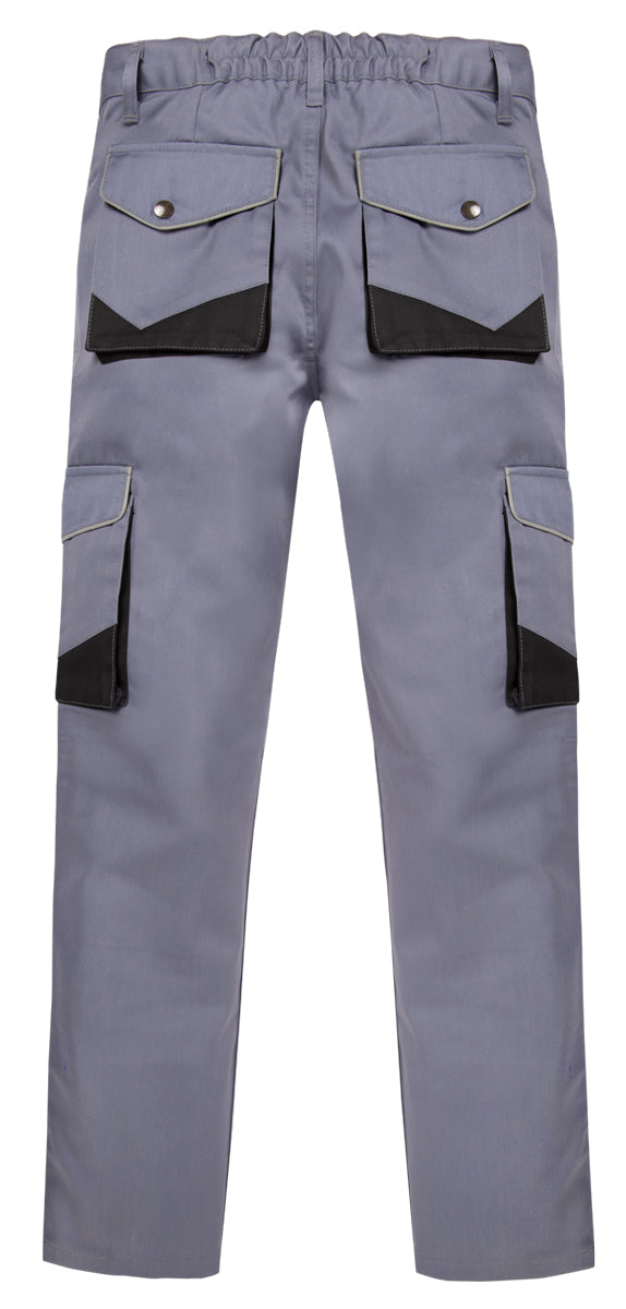 Herren-Bundhose grau mit elastischem Bund, Eingrifftaschen, Knietaschen und schwarzer Vorderpaspel