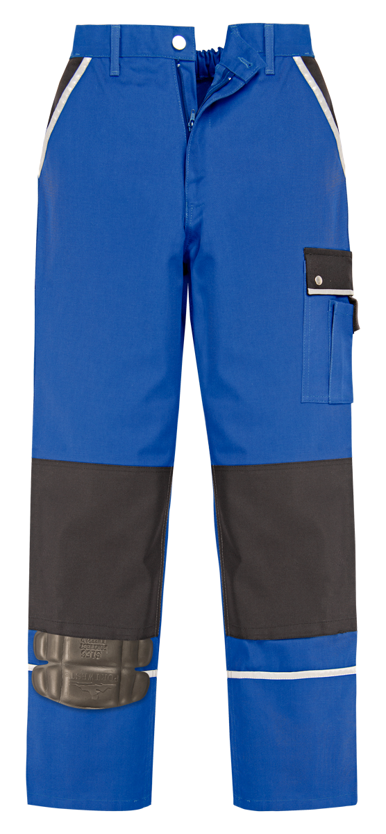 Bundhose aus Canvas, blau mit dunkler Beinpartie, seitlichen Taschen und reflektierendem Streifen