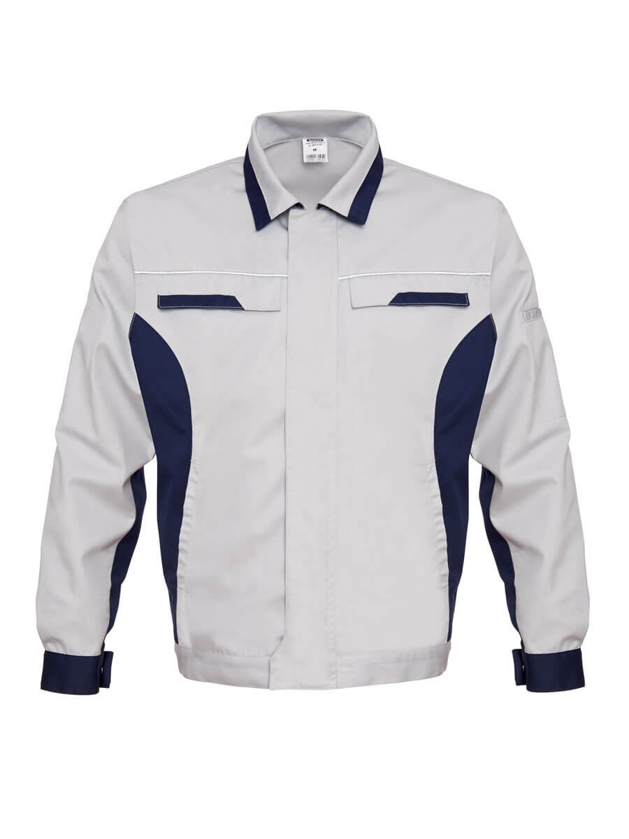 Zweifarbige Bundjacke Hellgrau mit Marineblau, Vorderansicht, Umlegekragen und Taschen