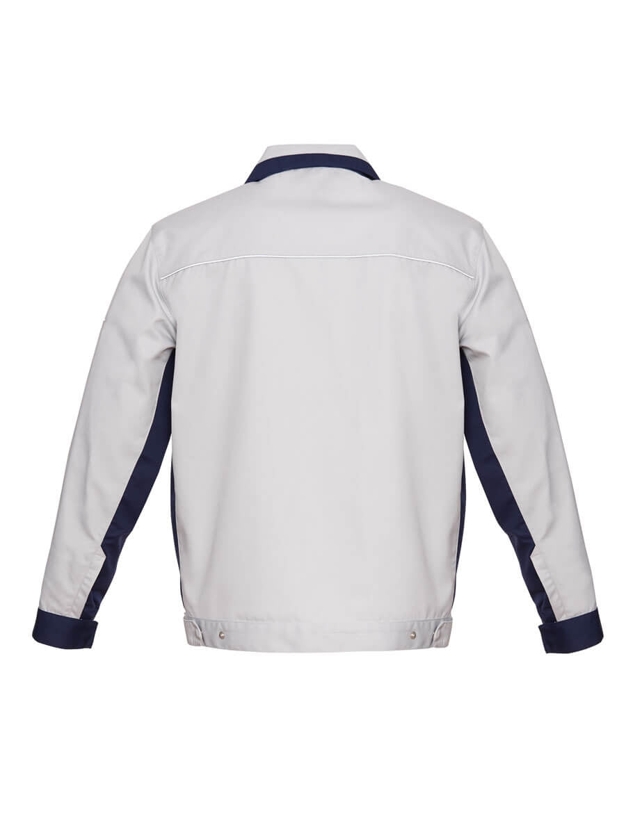 Zweifarbige Bundjacke Rückenansicht, Hellgrau mit Marineblauen Einsätzen und Ärmelbündchen