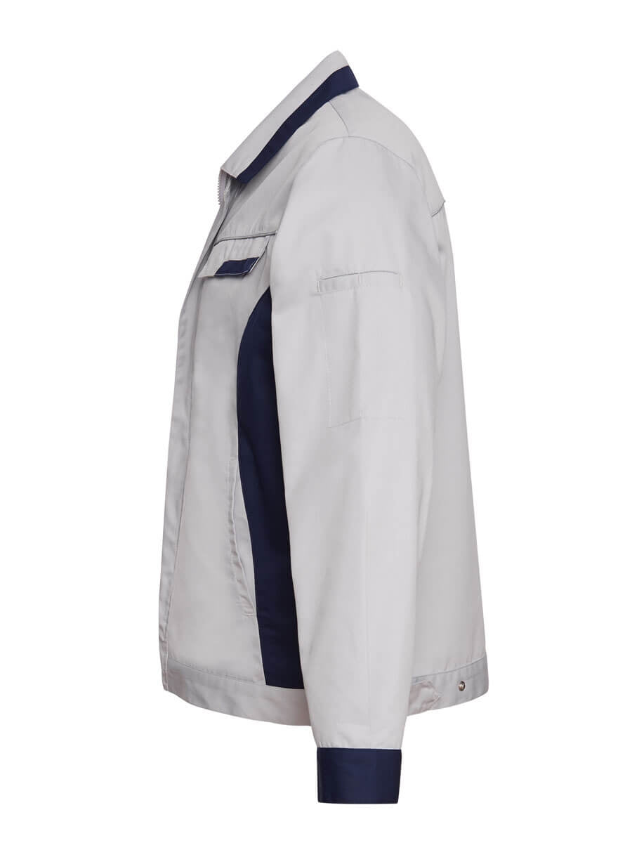 Zweifarbige Bundjacke Seitenansicht, Hellgrau mit Marineblauen Einsätzen an Ärmel und Front