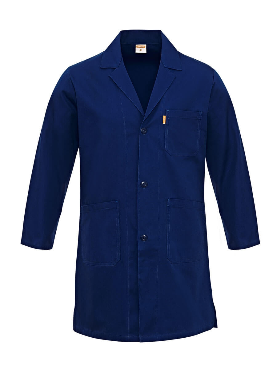 Herren-Arbeitskittel marineblau aus Baumwolle mit Knopfleiste, Kragen und Taschen