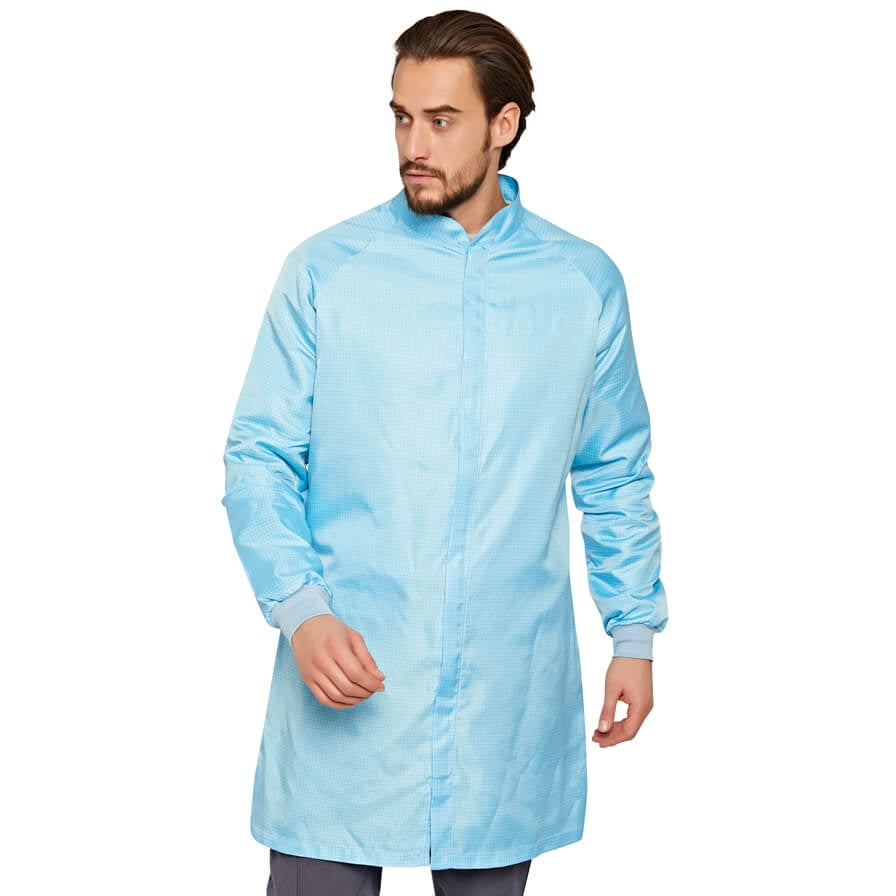 Blauer antistatischer Herren-Berufsmantel mit Stehkragen und Knopfleiste