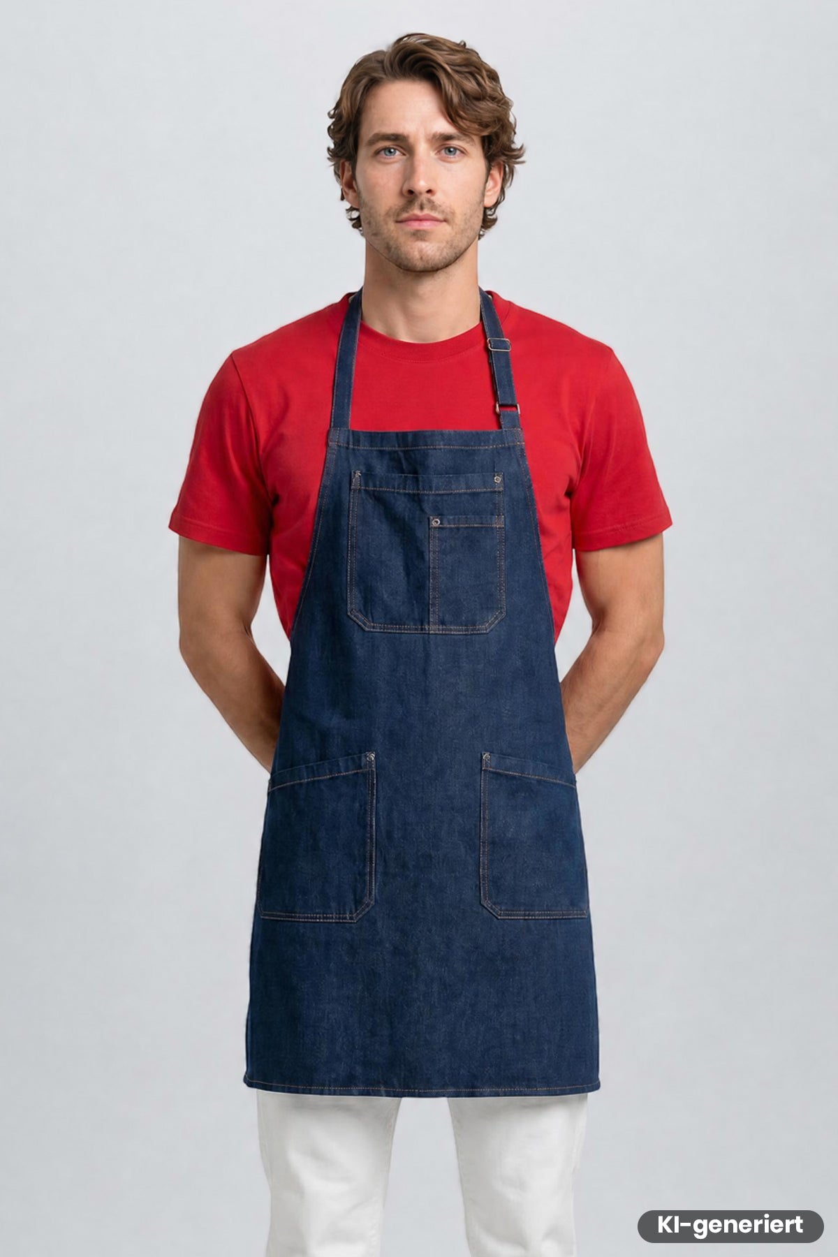 Jeans-Latzschürze aus dunkelblauem Denim mit Brustlatz, verstellbaren Trägern und Fronttasche