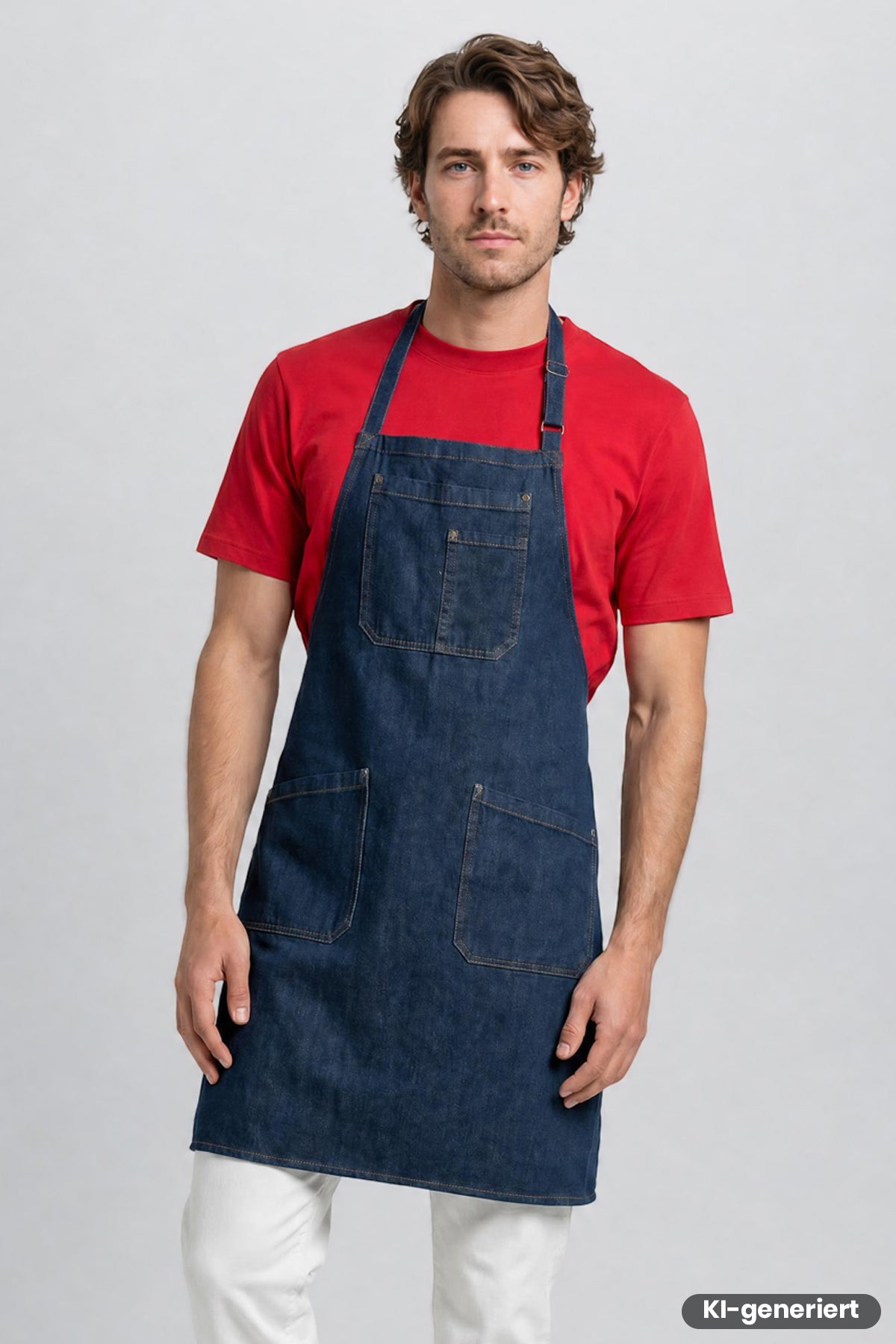 Jeans-Latzschürze aus dunkelblauem Denim mit großer Fronttasche und verstellbaren Trägern