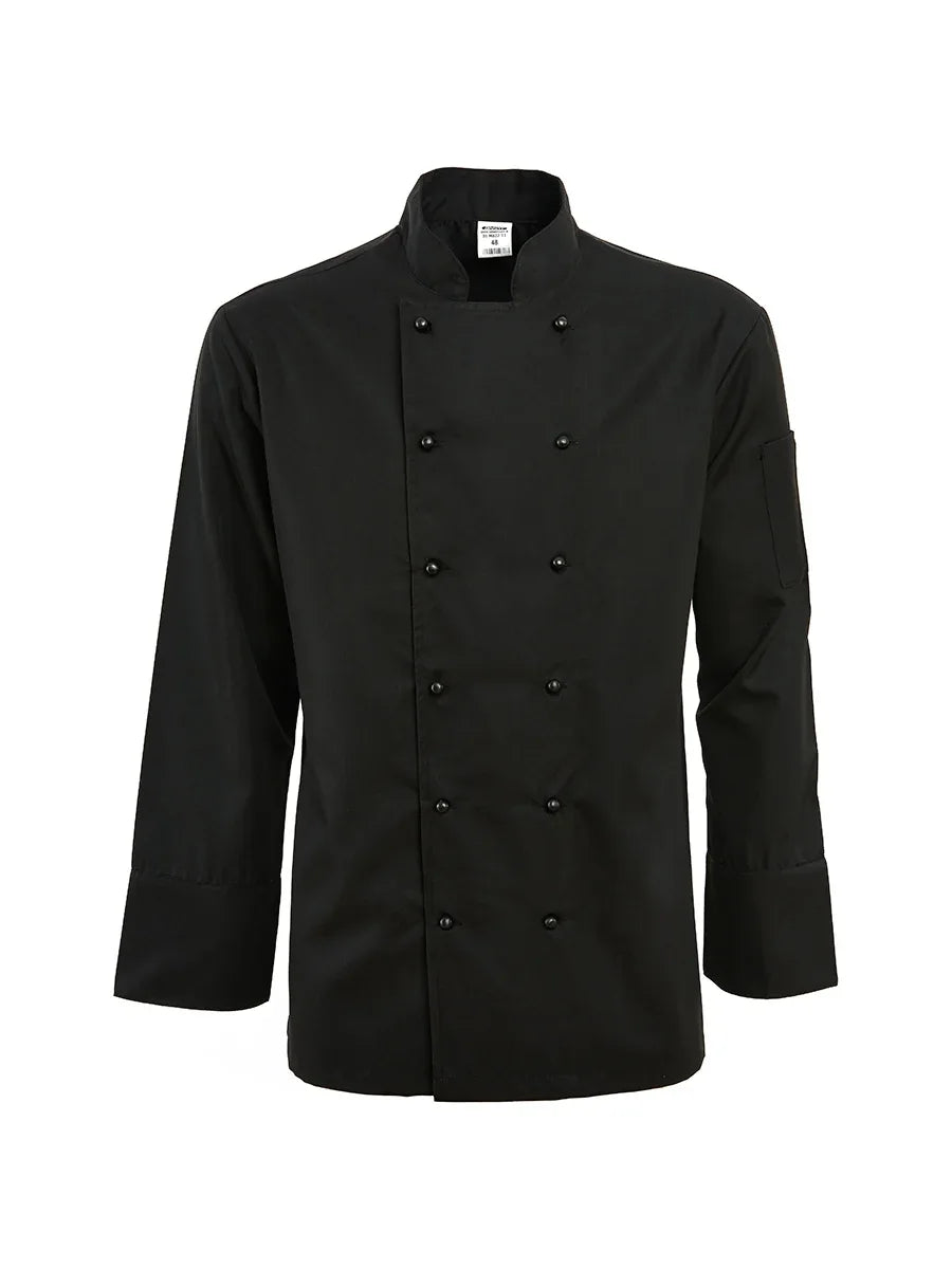 Kochjacke aus Baumwolle, schwarz, doppelt geknöpft, Stehkragen und schwarze Knöpfe