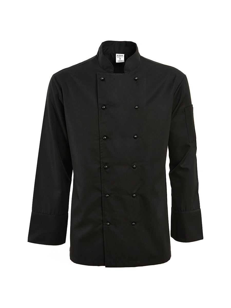 Schwarze Kochjacke mit doppelreihiger Knopfleiste und Stehkragen