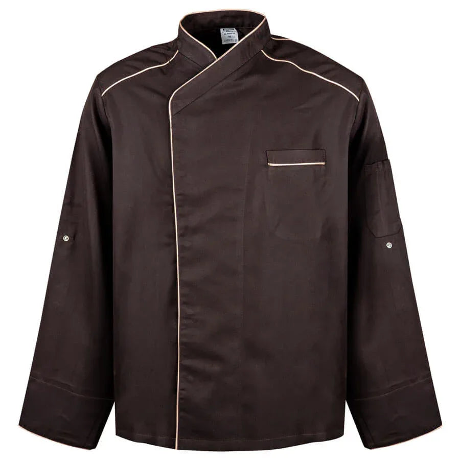 Kochjacke mit langen Ärmeln, Stehkragen und Druckknopfleiste, dunkel, Brusttasche