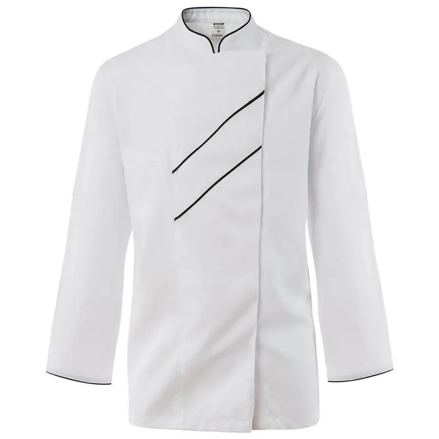 Taillierte Damen-Kochjacke in Weiß mit Stehkragen und diagonalen Ziernähten