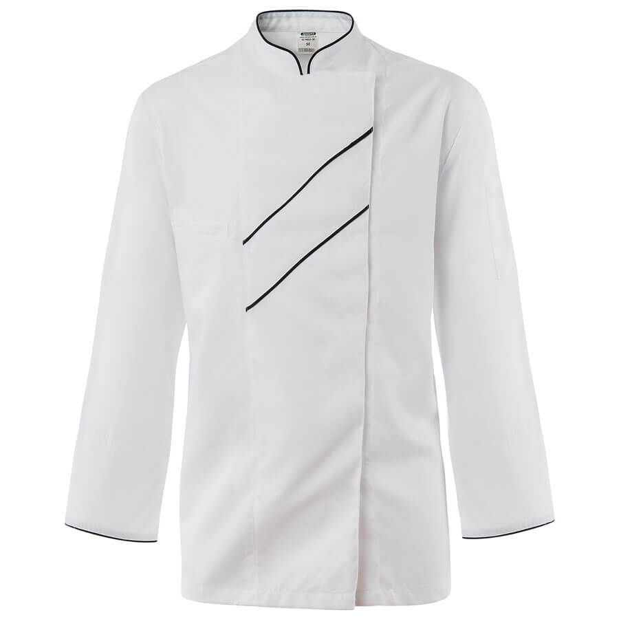Weiße Damenkochjacke mit Stehkragen und diagonalen schwarzen Ziernähten