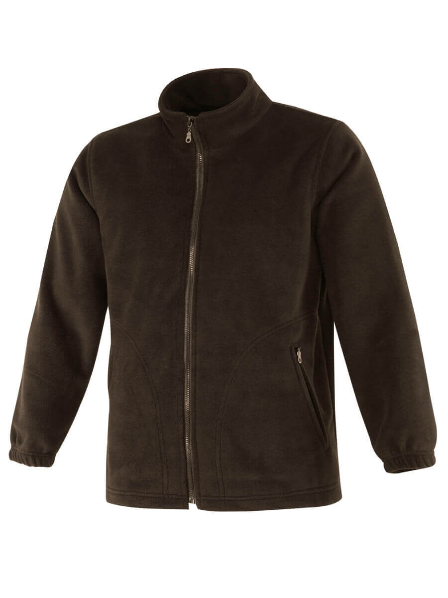 Fleecejacke mit Stehkragen, Reißverschluss und seitlichen Taschen.