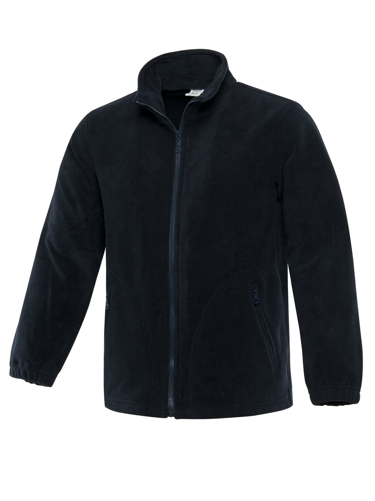 Dunkle Fleecejacke mit durchgehendem Reißverschluss und Stehkragen, seitliche Taschen