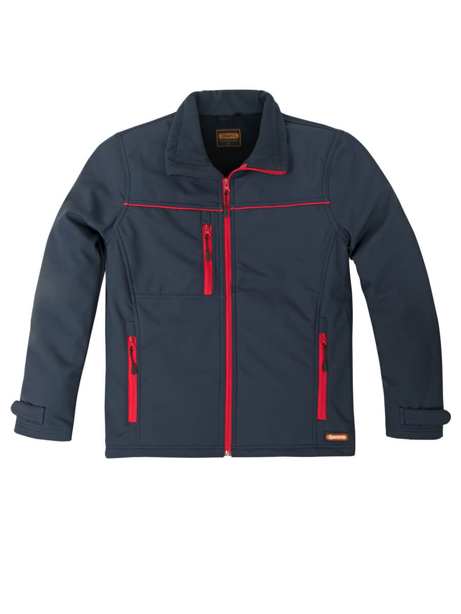 Dunkelblaue Softshell-Jacke mit durchgehendem Reißverschluss und roten Kontrastnähten
