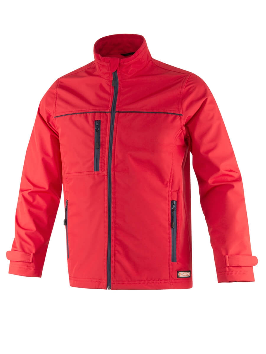 Rotfarbene Softshelljacke mit Stehkragen und durchgehendem Frontreißverschluss