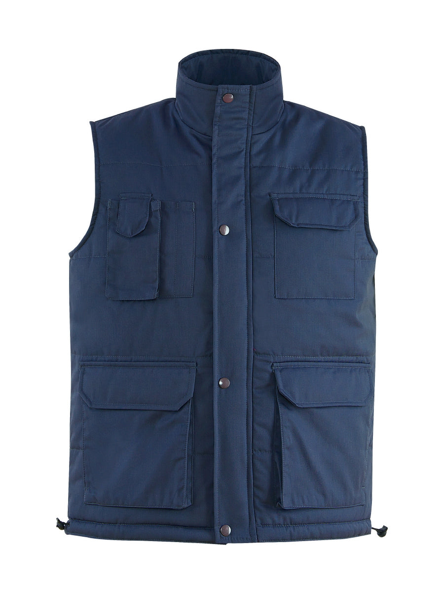 Funktionsweste marineblau mit Stehkragen, Knopfleiste und mehreren Fronttaschen