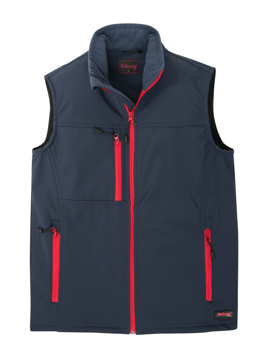 Marineblaue Softshell-Weste mit Stehkragen, durchgehendem Reißverschluss und roten Akzenten.
