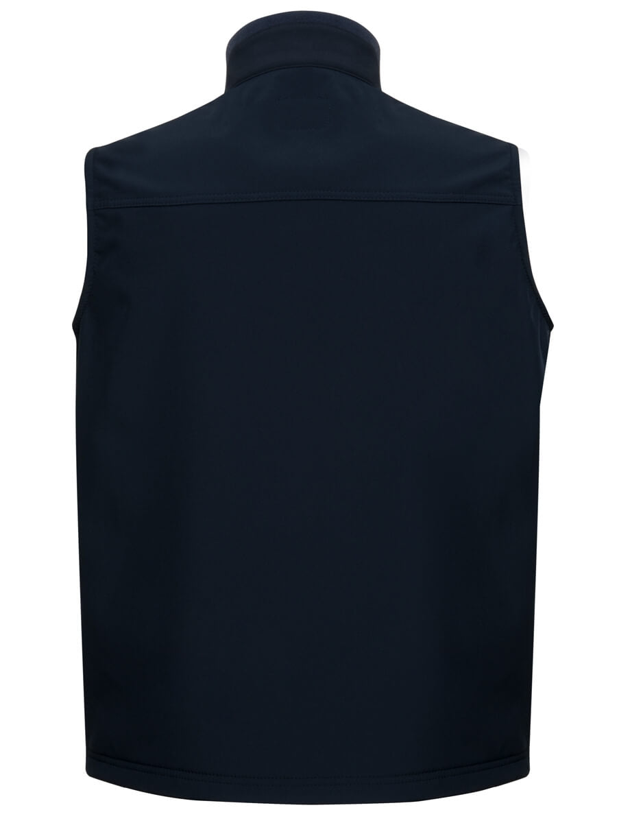 Marineblaue Softshell-Weste mit Stehkragen, Rückansicht ohne sichtbare Aufdrucke.