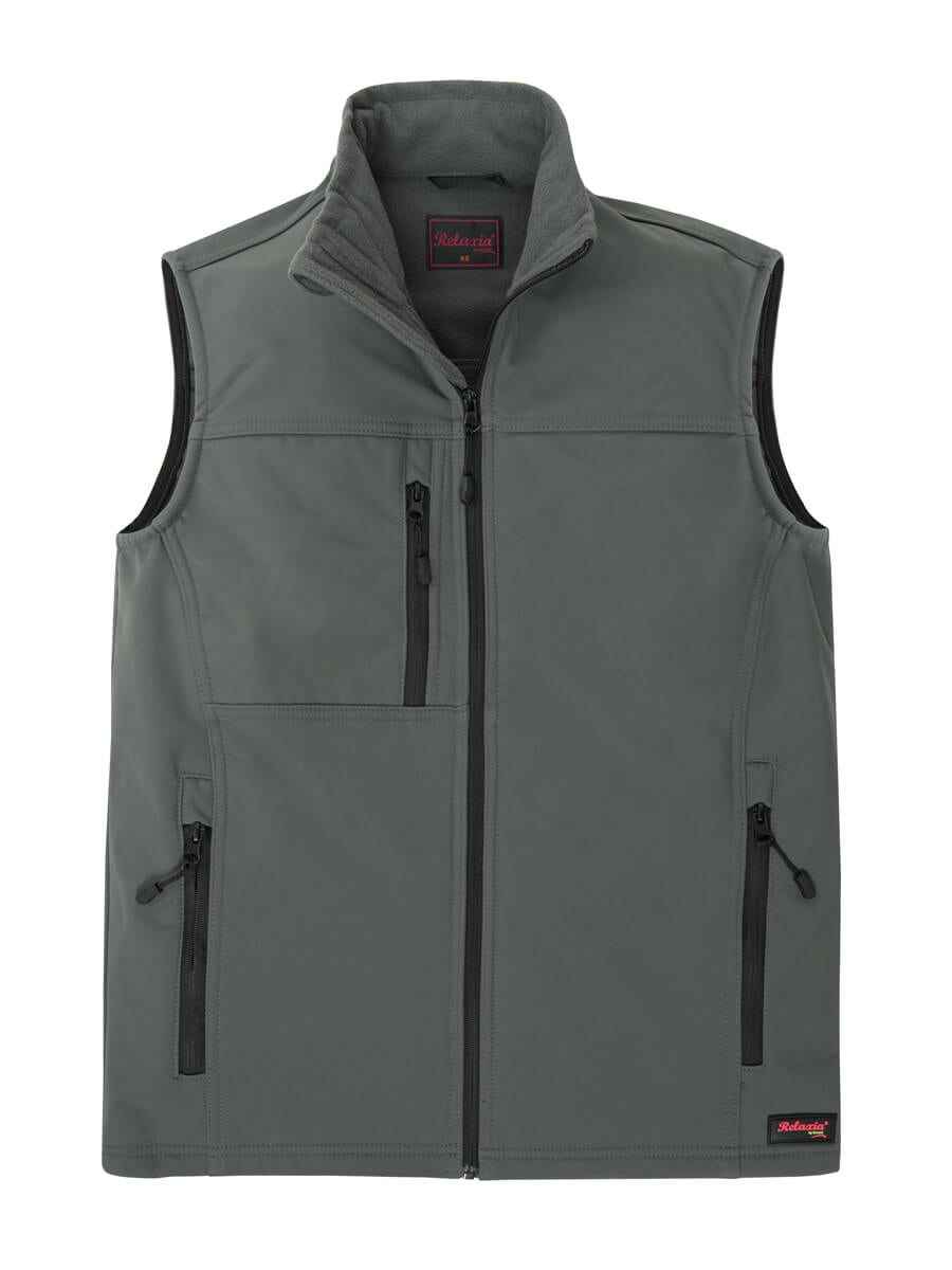 Softshell-Weste in grauem Ton mit durchgehendem Reißverschluss und Stehkragen