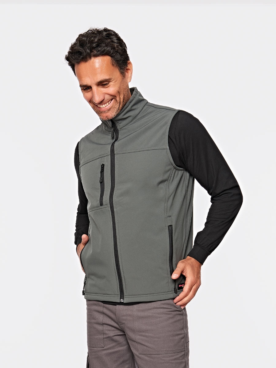 Grauene Softshell-Weste mit hohem Kragen, durchgehendem Reißverschluss und zwei Taschen