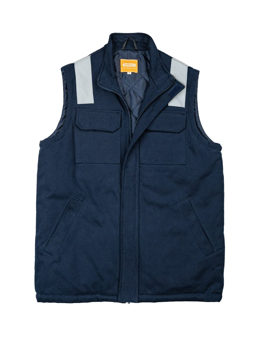 Marineblaue Arbeitsweste mit Reflektorstreifen, Stehkragen, Reißverschluss und Taschen