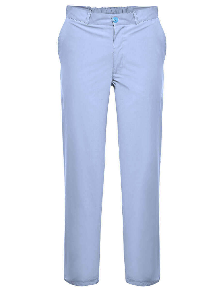 O.P.-Anzug: hellblaue Hose mit elastischem Bund und Knopfverschluss, gerade Passform
