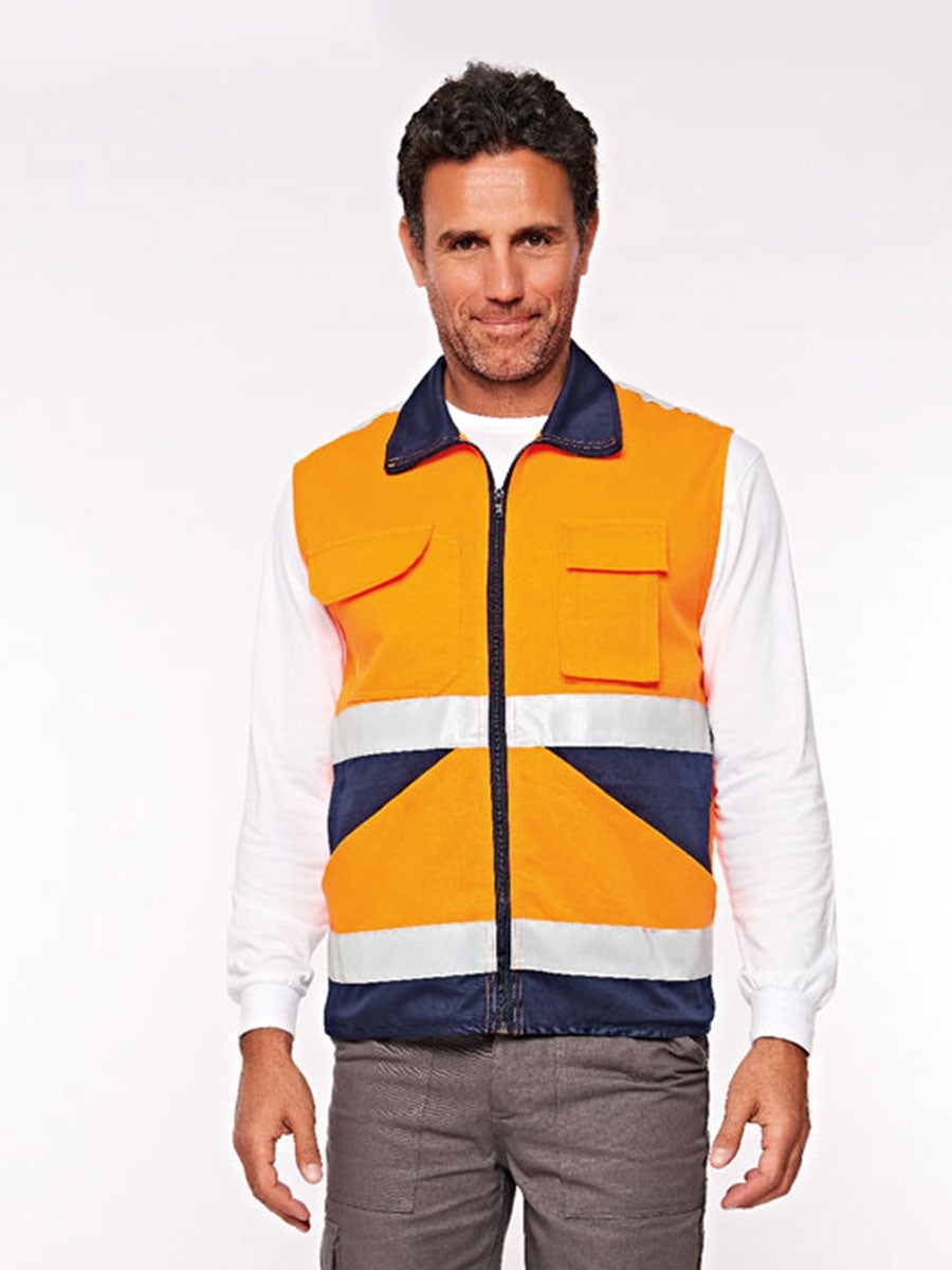 Warnschutzweste orange-marineblau mit reflektierenden Streifen und durchgehendem Reißverschluss