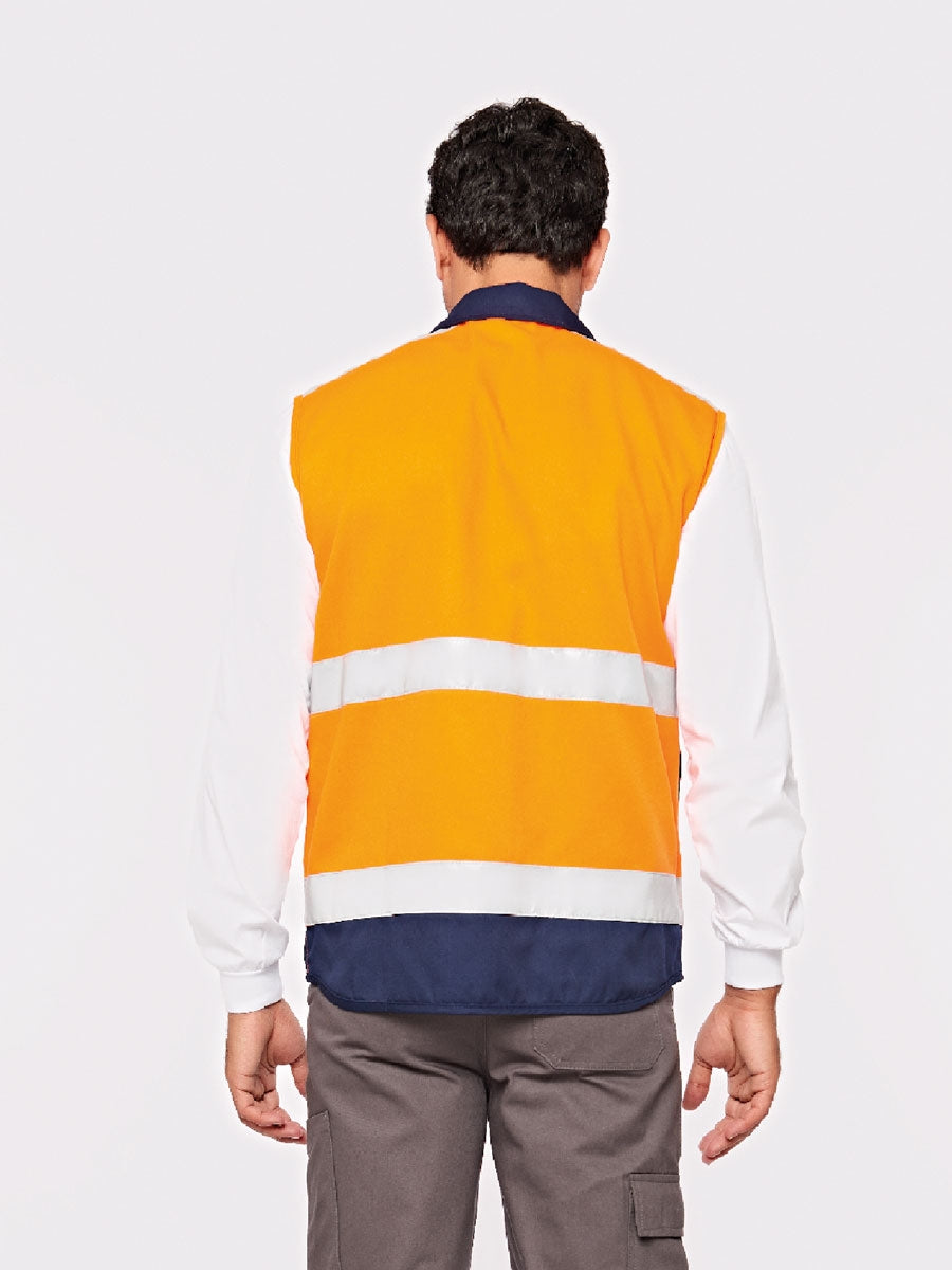 Warnschutzweste orange-marineblau mit reflektierenden Streifen, Rückansicht