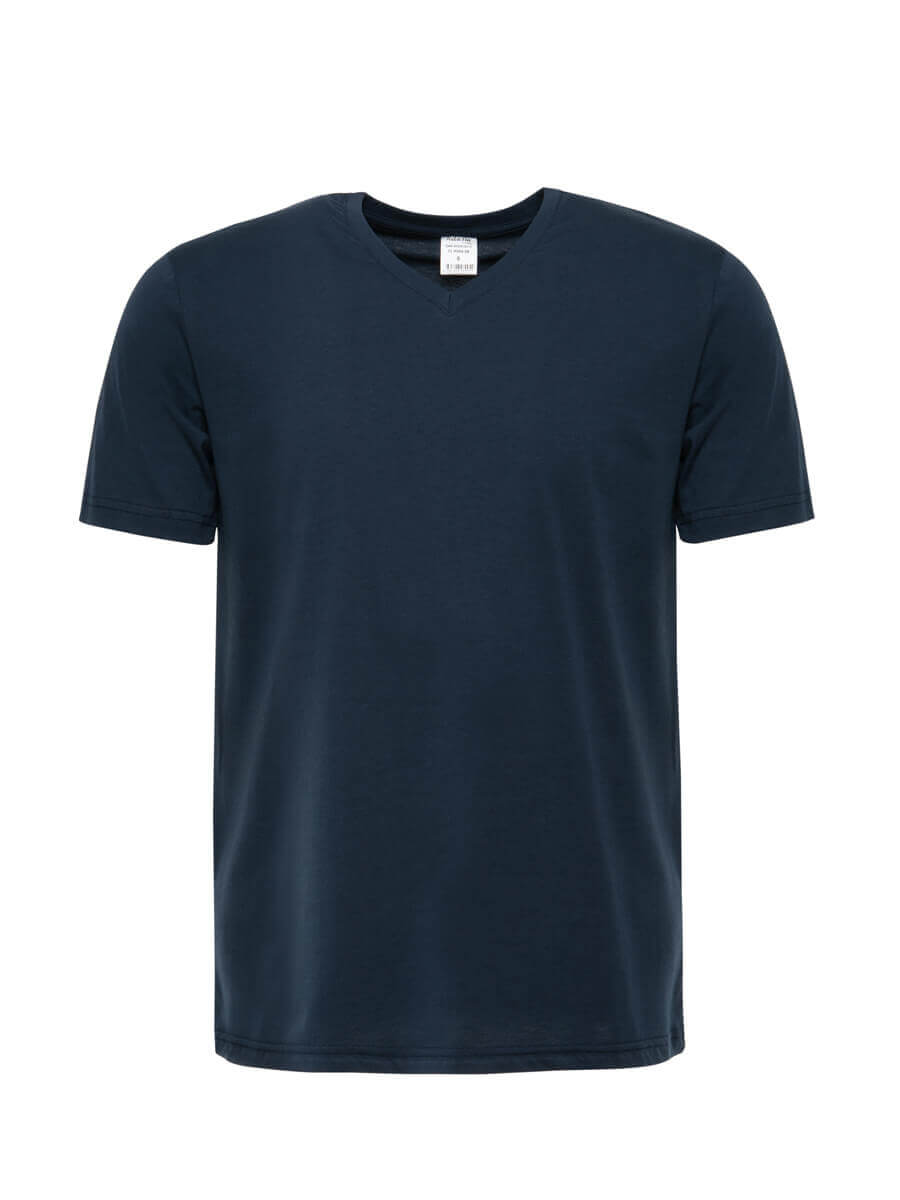 Marineblaues T-Shirt mit V-Ausschnitt und kurzen Ärmeln