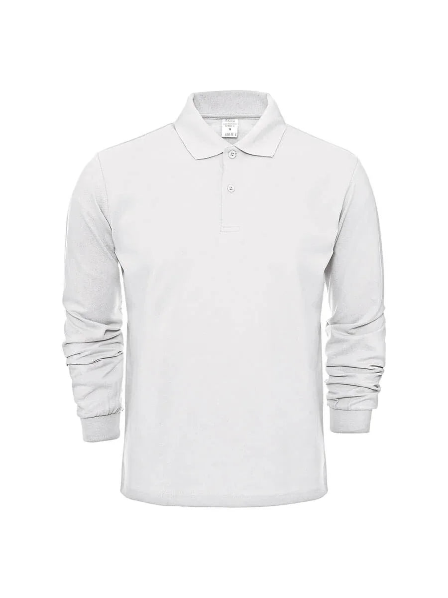 Herren-Langarm-Poloshirt ISMONT, weiß, mit Knopfleiste und Polokragen.