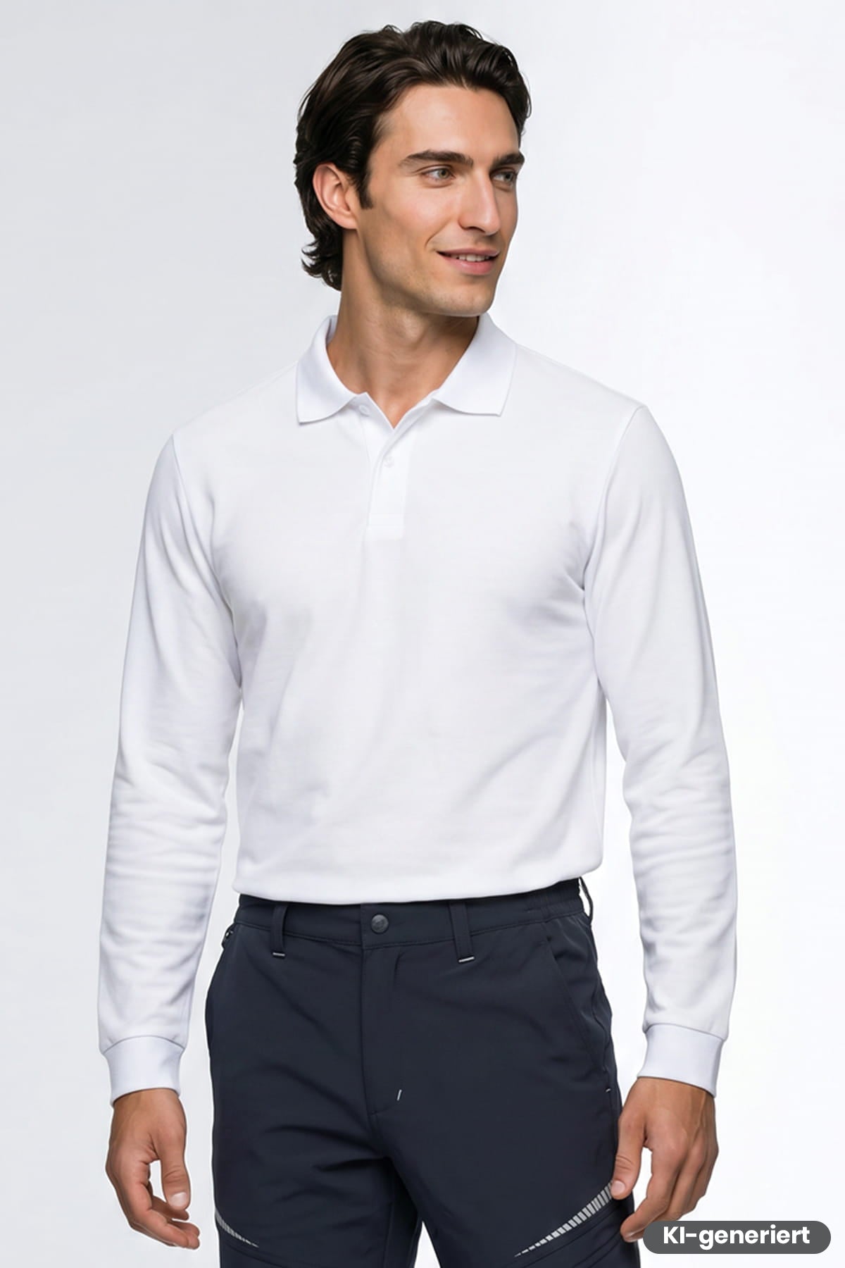 Weißes Langarm-Poloshirt mit Kragen und Knopfleiste, schlicht
