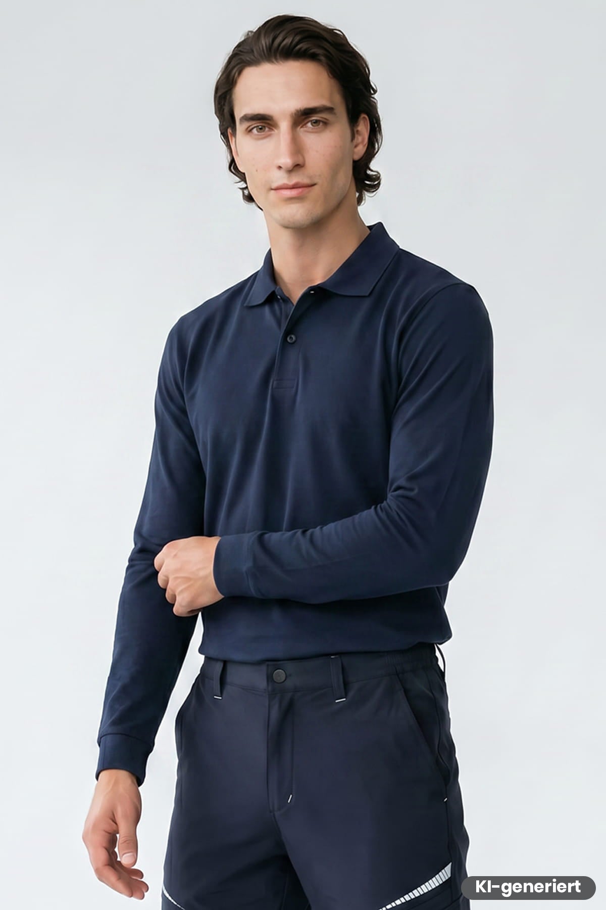 Langarm-Poloshirt in marineblau mit Kragen und Knopfleiste