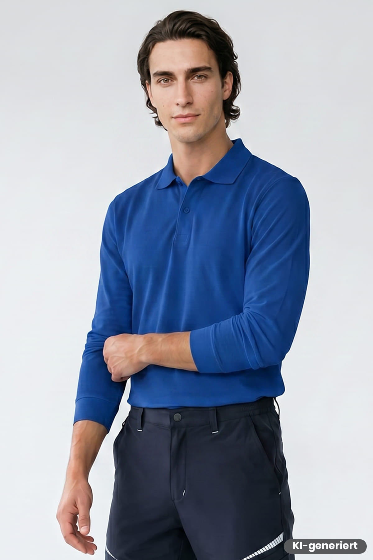 Kornblaues Langarm-Poloshirt mit Knopfleiste und kurzem Kragen