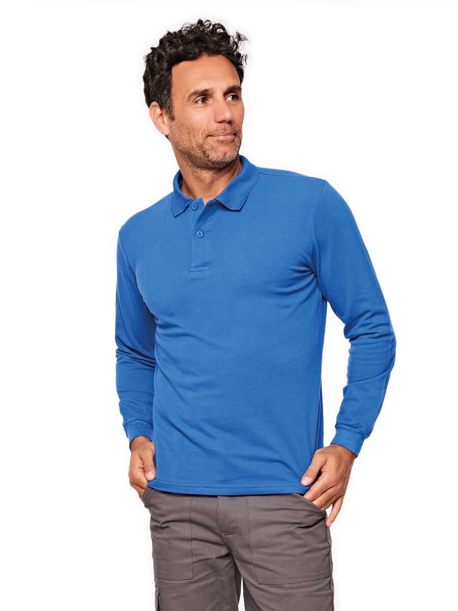 Kornblaues Langarm-Poloshirt mit Knopfkragen und schmalem Schnitt