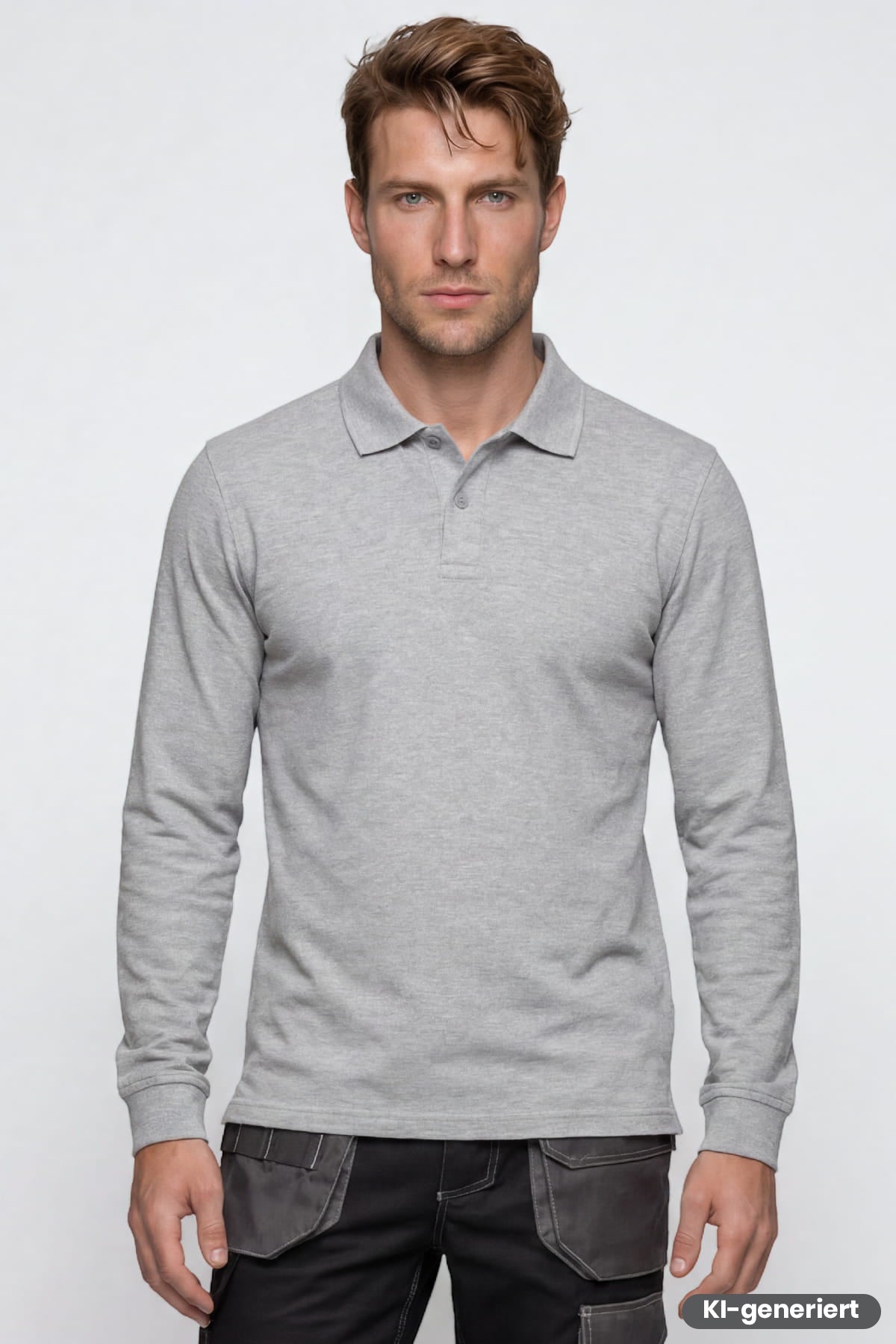Graues Melange-Poloshirt mit langen Ärmeln, Knopfleiste und kurzem Kragen