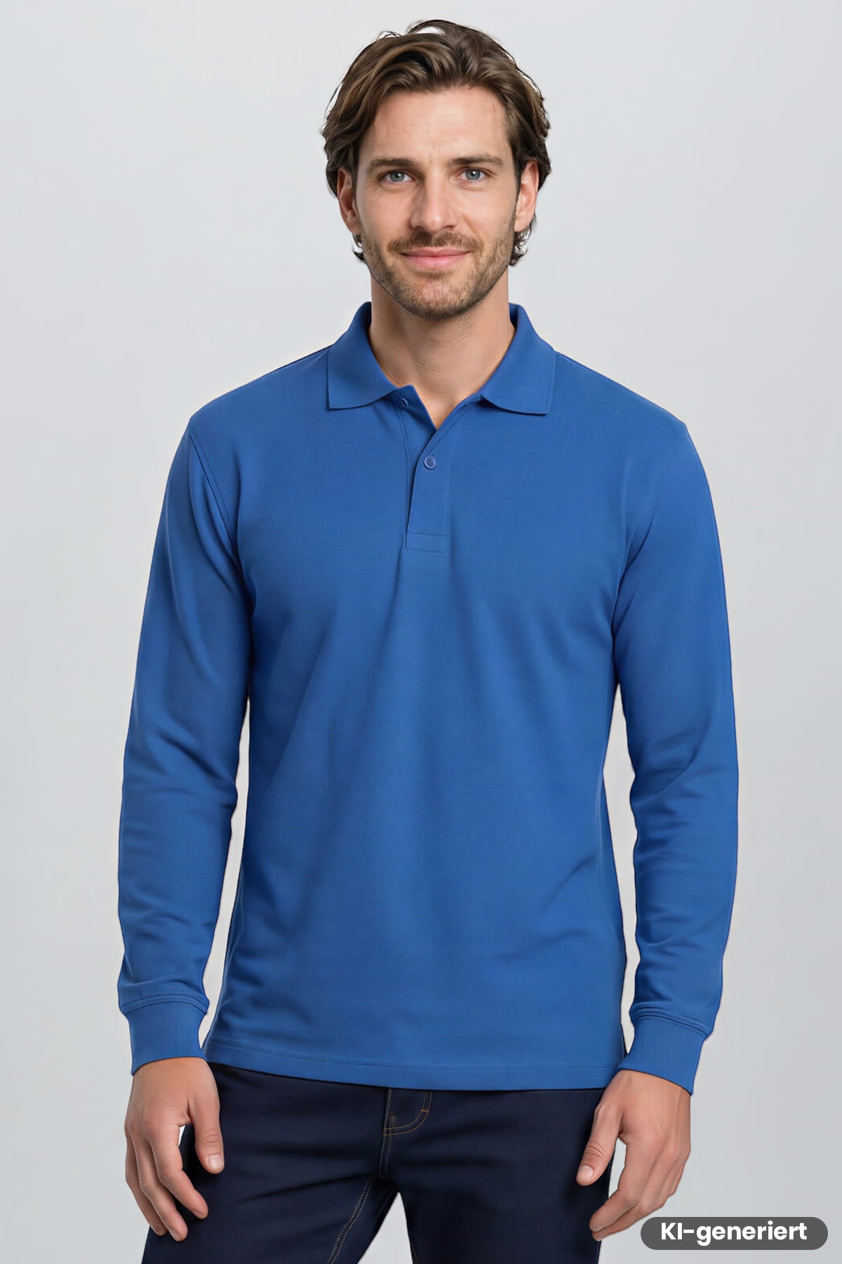 Herren-Sweatshirt mit Polokragen, langen Ärmeln und Knopfleiste in Kornblau