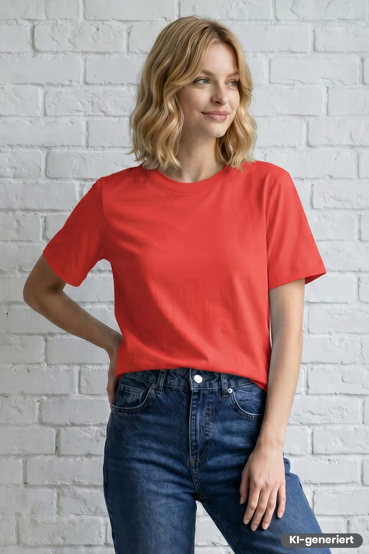Rotes Damen T-Shirt mit Rundhalsausschnitt und kurzen Ärmeln, gerade Passform