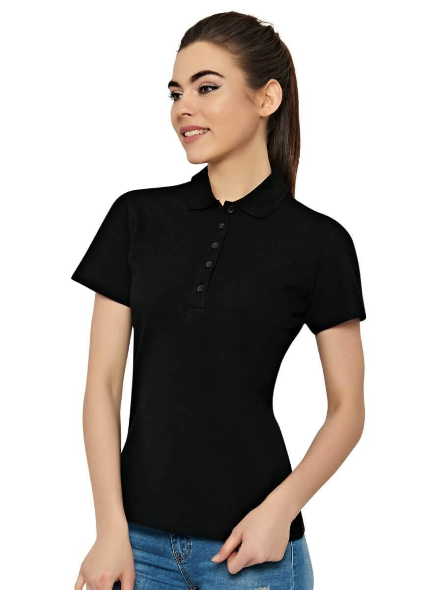 Schwarzes Damen-Poloshirt mit kurzem Arm, Knopfleiste und Kragen