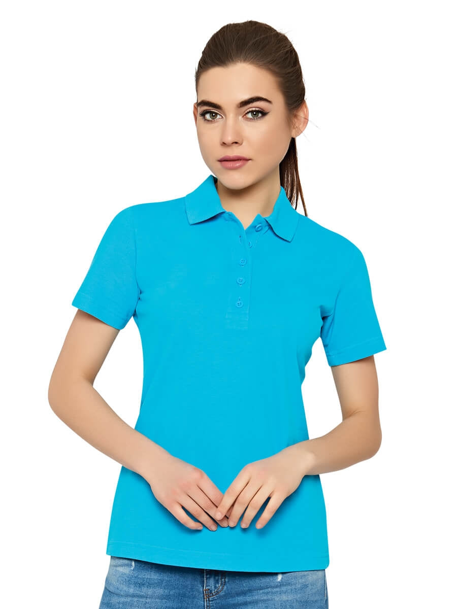 Türkisfarbenes Damen-Poloshirt mit kurzem Arm und Knopfleiste