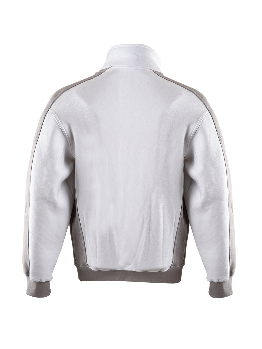 Sweatjacke Rückansicht mit Stehkragen und Reißverschluss, grau-weiß