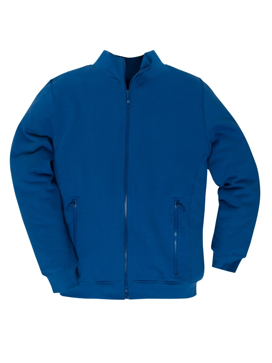 Herren-Sweatjacke mit durchgehendem Reißverschluss, Kornblau, Stehkragen und zwei Fronttaschen.