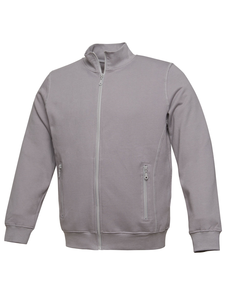 Herren-Sweatjacke mit durchgehendem Reißverschluss, grau, Stehkragen und zwei Taschen