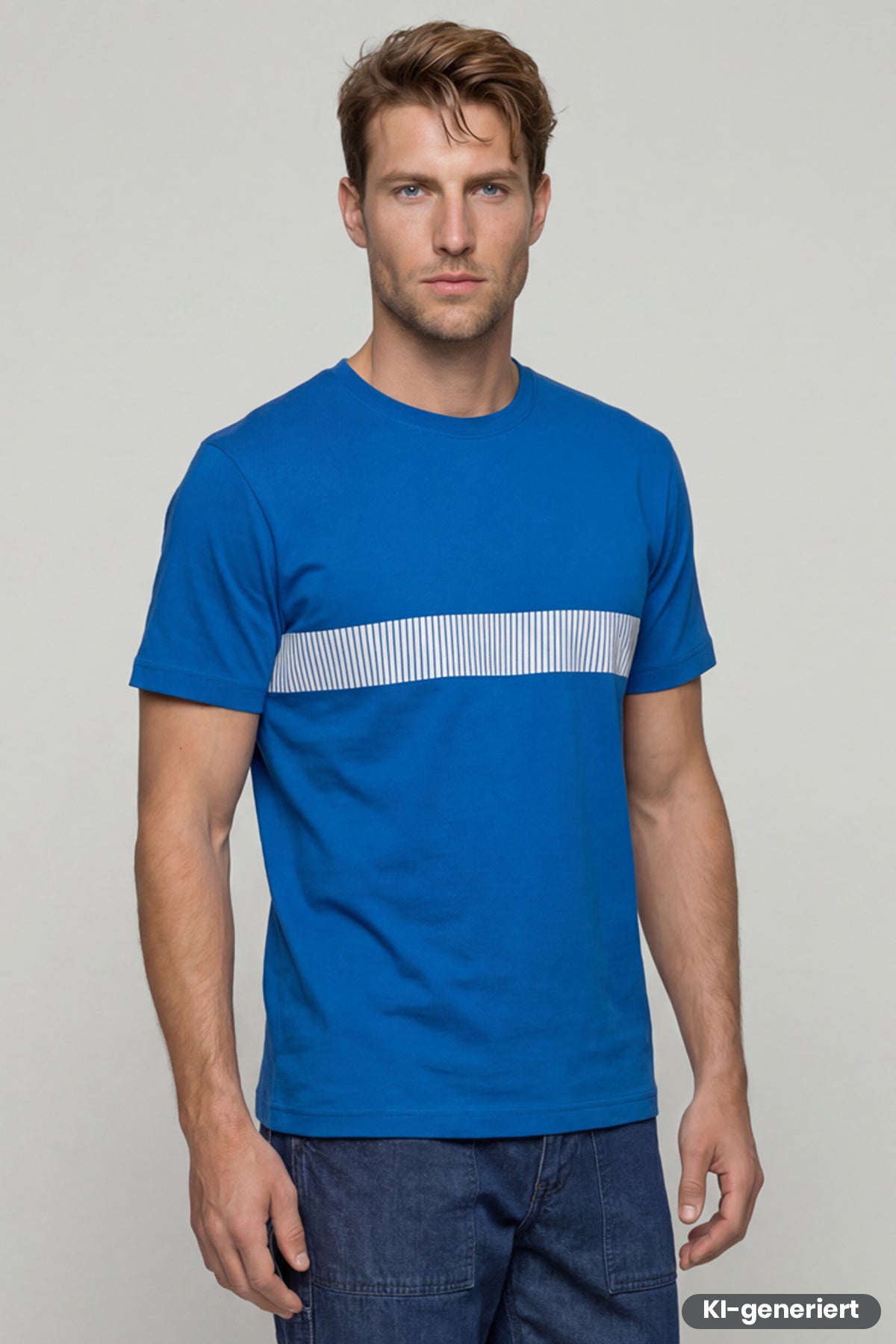 Herren T-Shirt Kornblau mit grauem Streifenband über der Brust, Rundhalsausschnitt