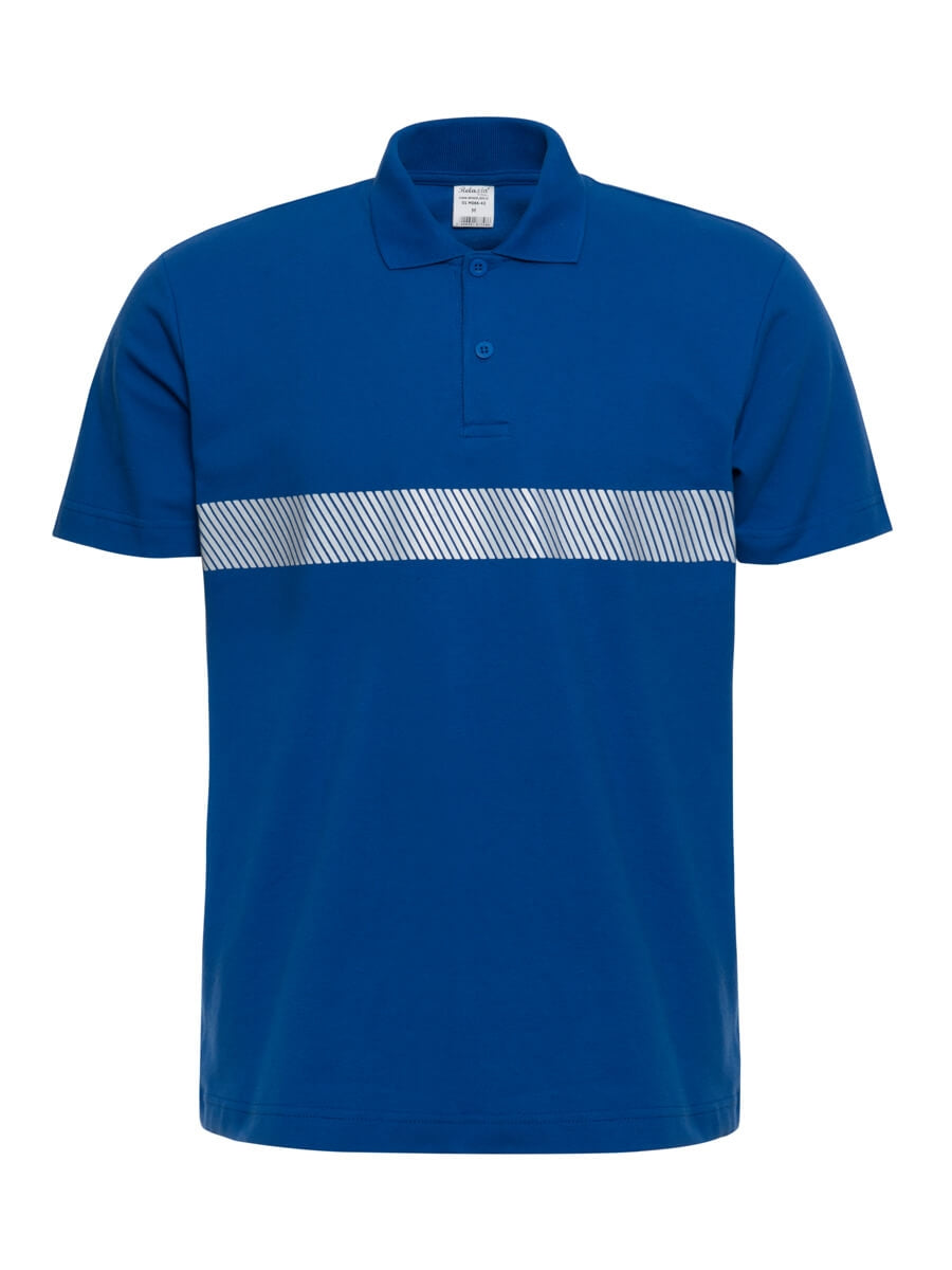Herren-Poloshirt Kornblau mit gestreiftem Mittelstreifen und Knopfleiste, Vorderansicht