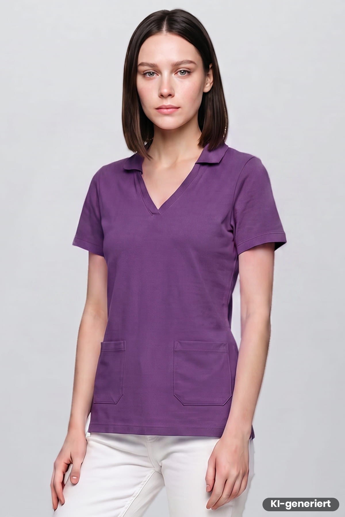 Lila Damen Polo-Tunika mit V-Ausschnitt und kurzem Ärmel, zwei Brusttaschen
