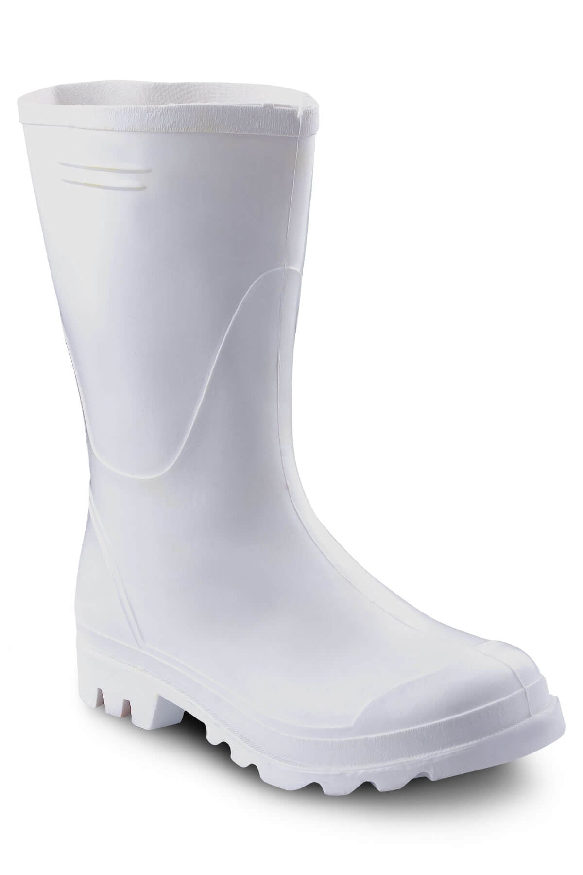 Kurzer weißer Gummistiefel mit breitem Einstieg und geriffelter Profilsohle